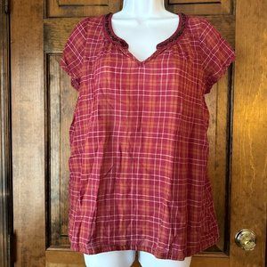 Sonoma Red Plaid Pullover V-Neck Tunic w/Studded Neckline Large